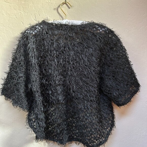 Tara Vao Women's Fuzzy Sweater Medium Open Knit Sheer Faux Fur Black Cozy - Picture 2 of 8